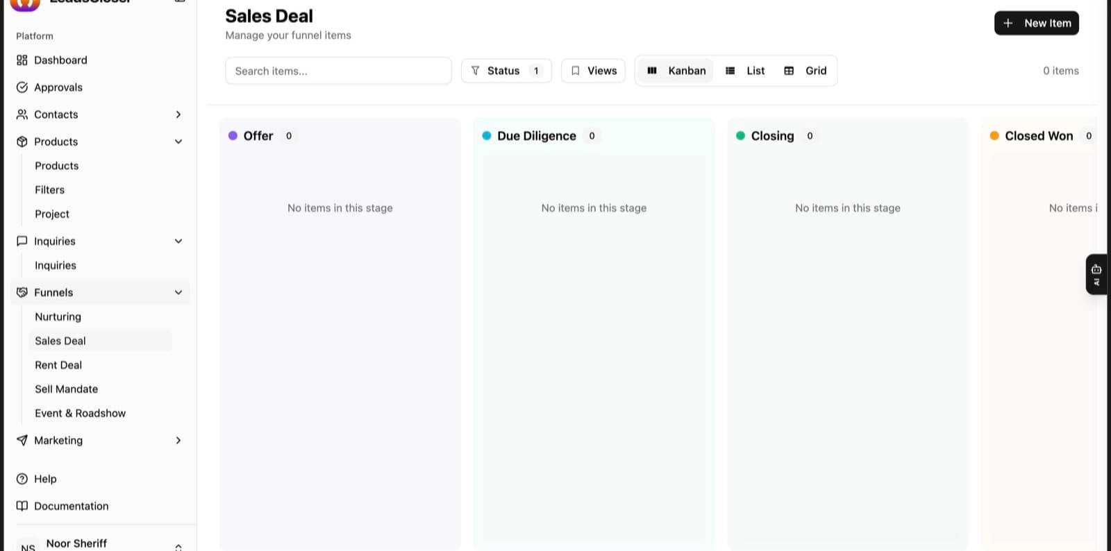 LeadsCloser Sales Deal funnel in Kanban view with Offer, Due Diligence, Closing and Closed Won stages
