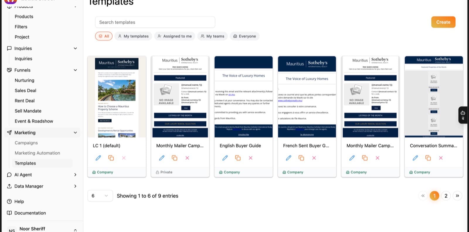 LeadsCloser email templates in the client’s branding: monthly mailer, buyer guides in English and French, and a conversation summary