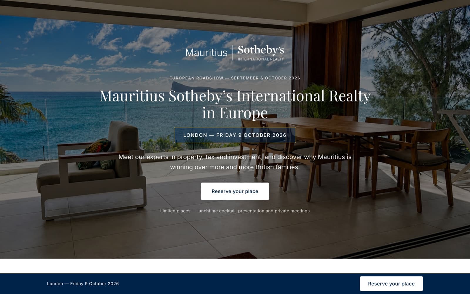 A campaign landing page for the Mauritius Sotheby’s International Realty European roadshow in London with a Reserve your place button