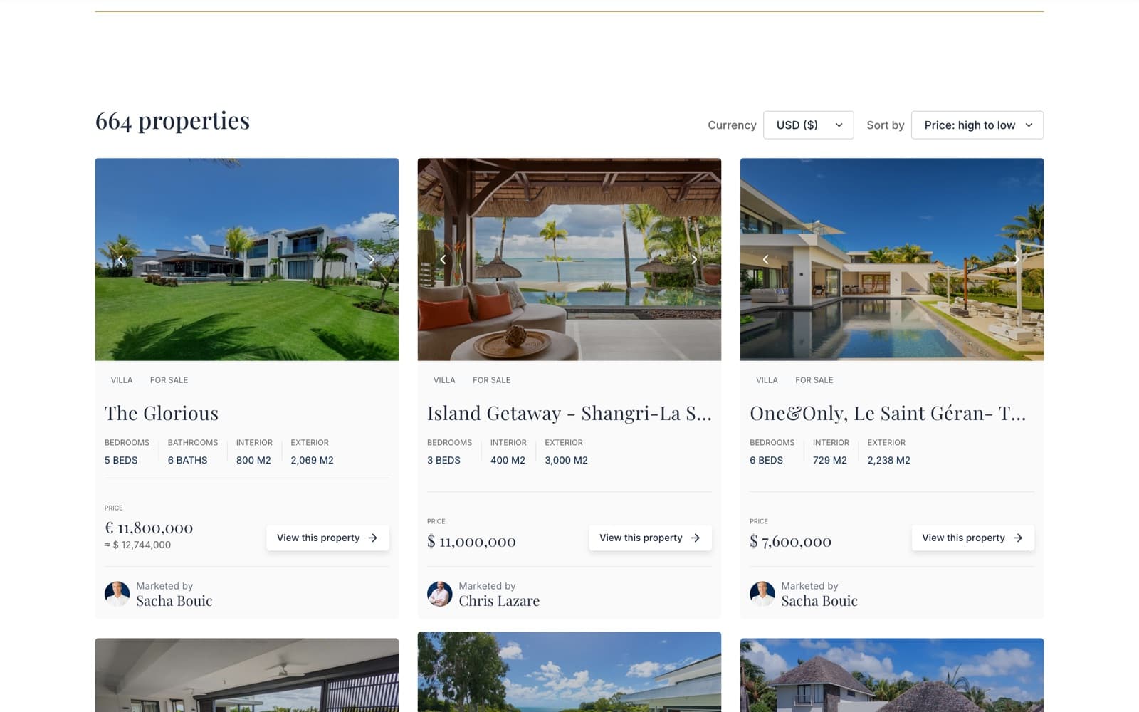 sir.mu listing cards showing 664 properties, each with photo, bedrooms, interior and exterior areas, price, and the agent marketing it