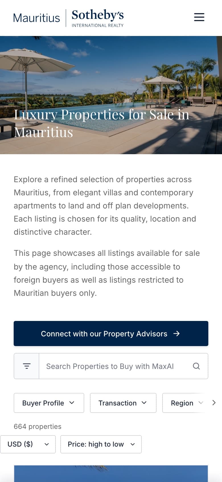 sir.mu listings page on a phone with the Max AI search box and a horizontally scrolling filter row