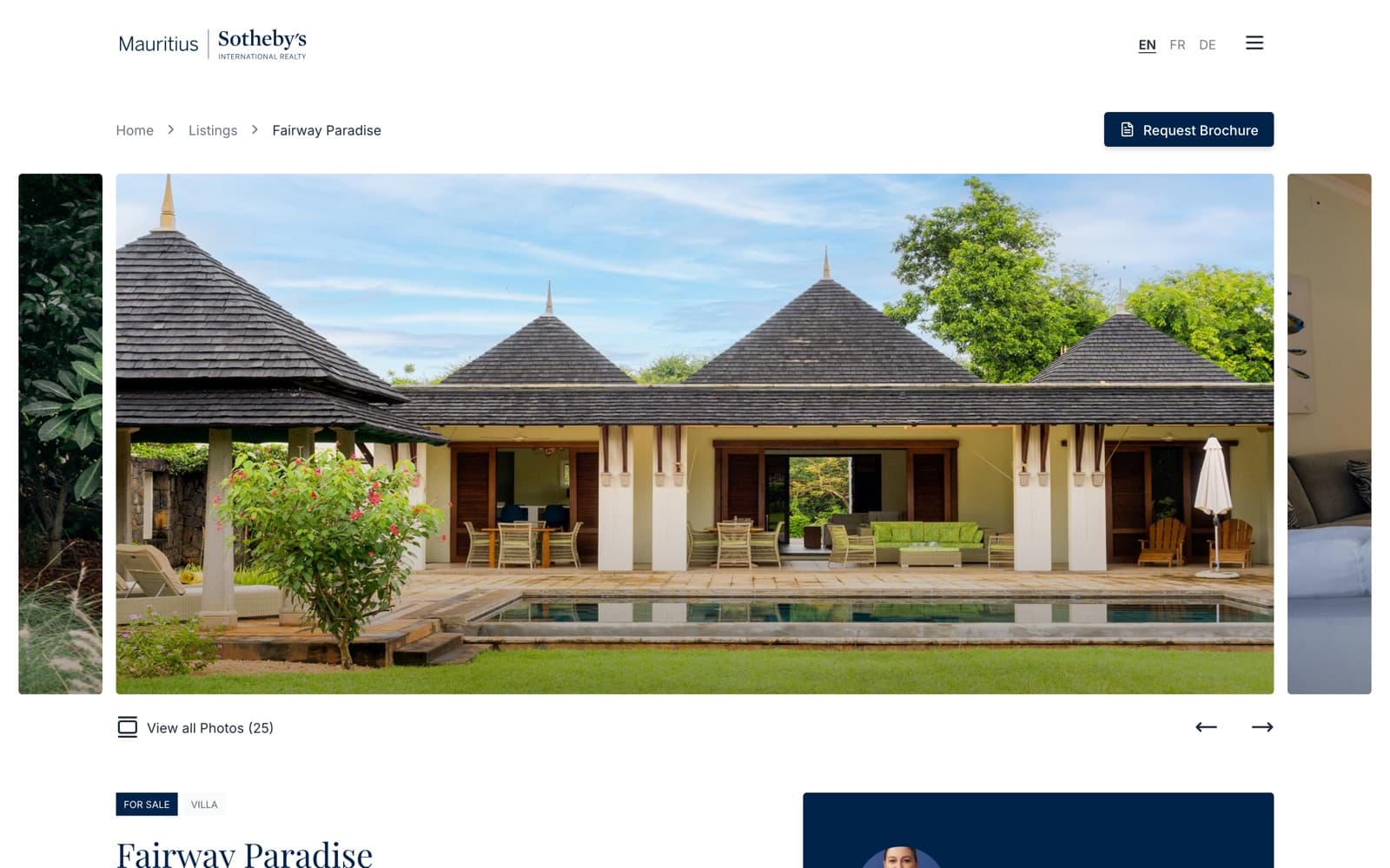A sir.mu property page for Fairway Paradise with a full-width gallery, view all photos, and a Request brochure button